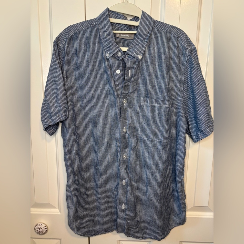 Everlane Men’s Casual Blue Pinstripe 100% Linen Shirt Size Large